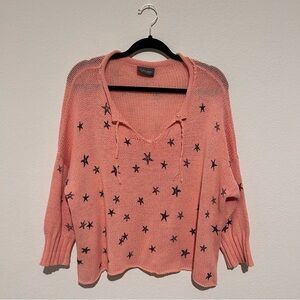 Wooden Ships Sweater Pink SMALL Starfish Beach Corrugated Collar Distress VNeck